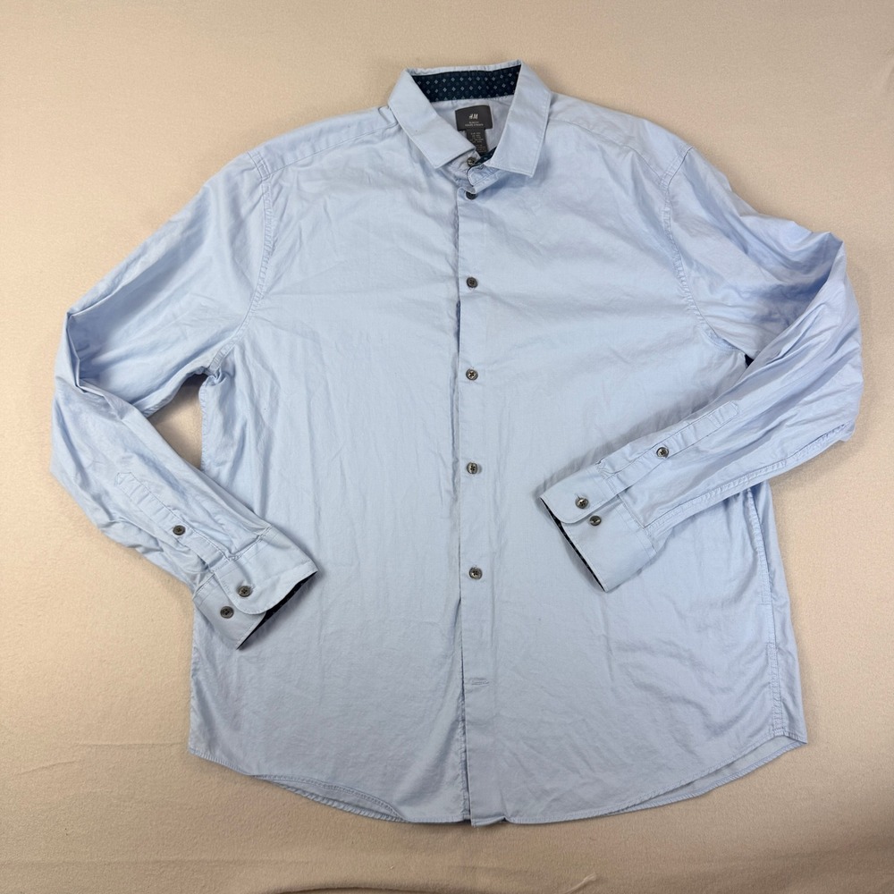 HM Mens‎ XXL Light Blue Slim Fit Long Sleeve Button Down Dress Shirt Business